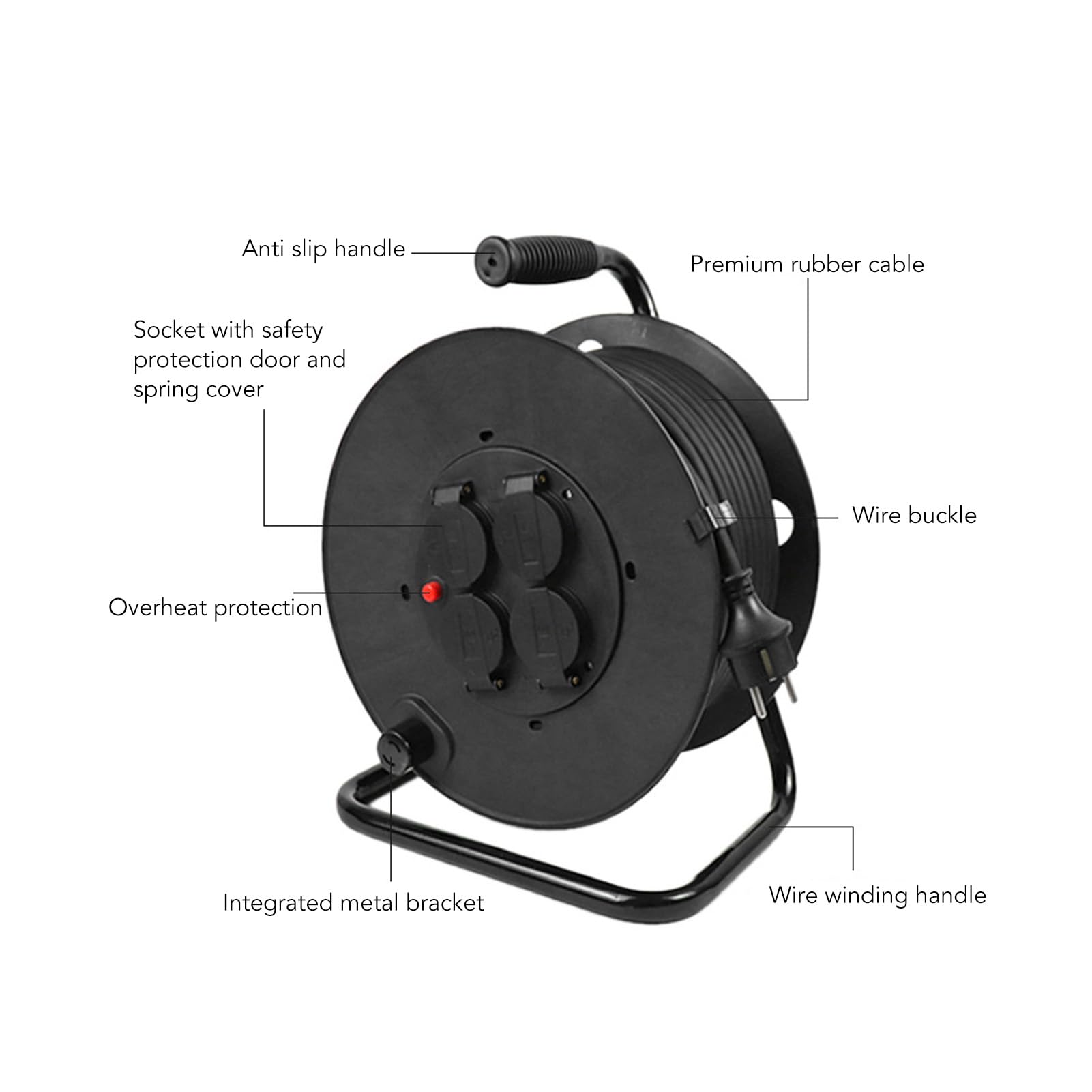 Hyuduo Avvolgicavo Prolunga per Esterni Bobina 35m H05RR F 3G2.5mm² 4 Prese IP44 Acciaio Inossidabile PP Neoprene Rame per Officina da Giardino Uso in Cantiere