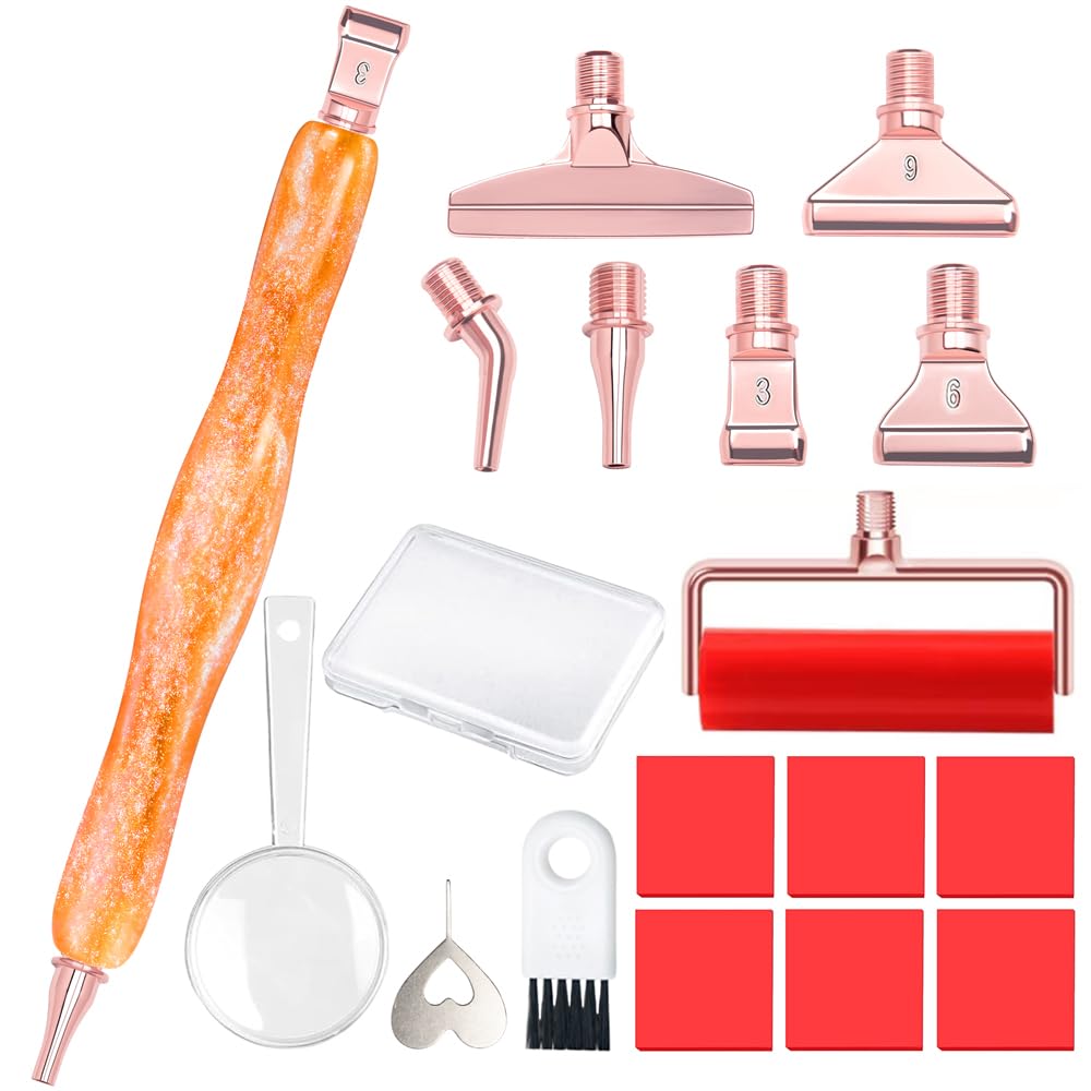 Praise V Do Diamond Painting Art Drill Pen Kit with Screw Stainless Steel Rose Metal Tip Nibs Placers Roller Tool Accessories, Ergonomic Diamond Art Pen for 5D Diamond Paint Bead Dot Amber