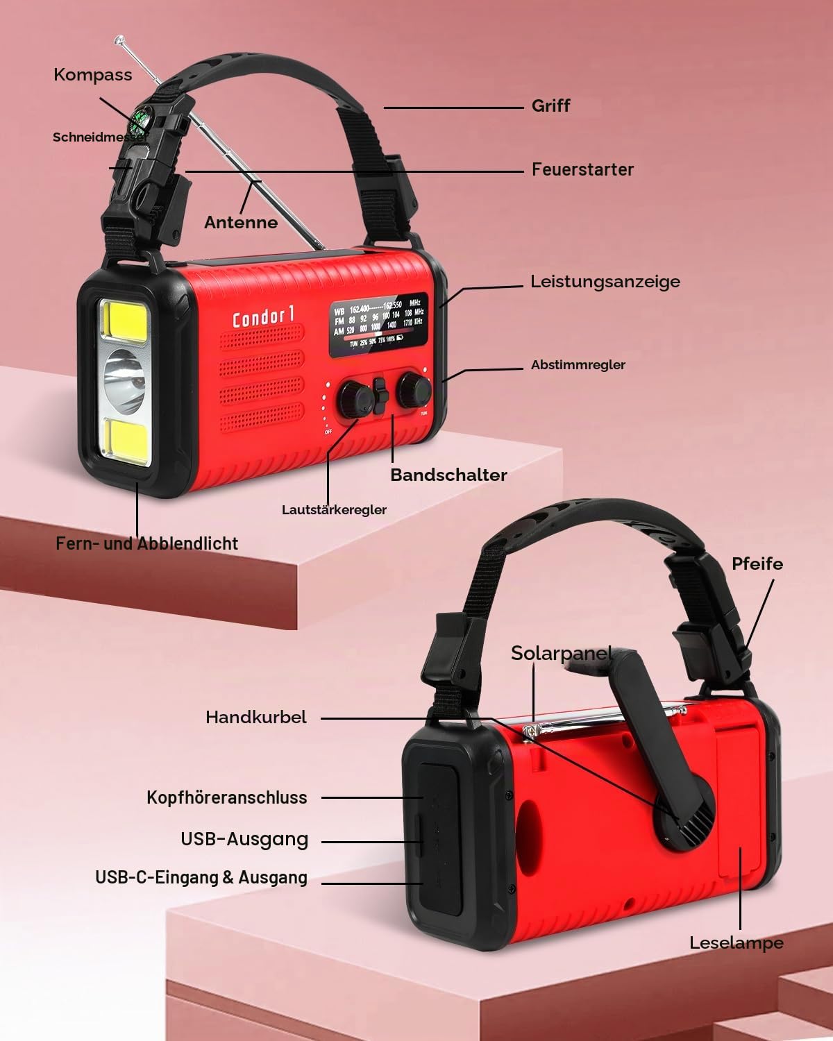 20000mAh Kurbelradio, tragbares Solar-Notfallradio mit AM/FM-Empfang, SOS Alarm, LED-Leselicht und Taschenlampe, USB-Telefonladegerät, Notfall, Stromausfall (Rot)