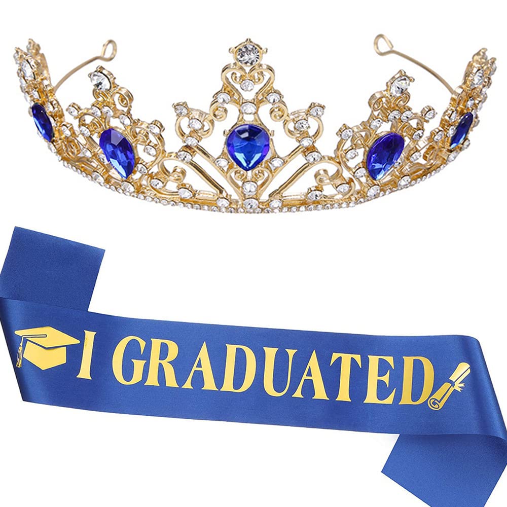 Graduation Sash and Crown, Graduation Party Supplies Blue Gold Glittered Rhinestone Crown and I GRADUATED Sash for Lady, Gradation Gift for Her