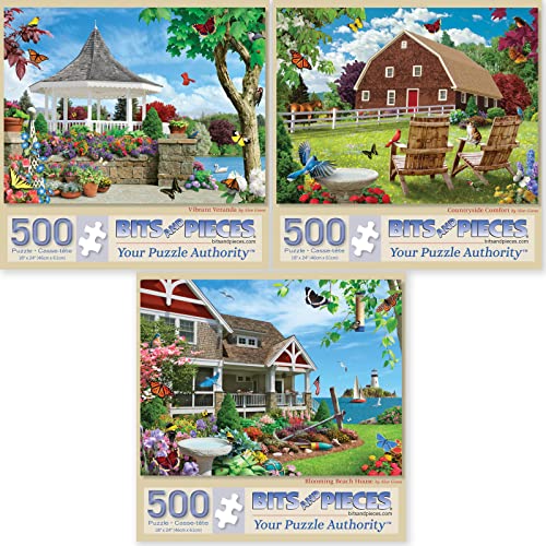 Bits and Pieces - Set de Tres (3) Rompecabezas de 500 Piezas para Adultos - Puzzles Miden 18" x 24" - Vibrant Veranda, Countryside Comfort, Blooming Beach House por Alan Giana miniatura 1