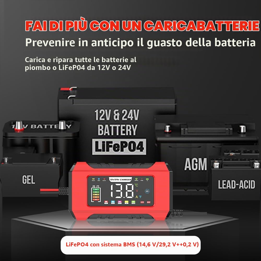 Caricabatteria Auto di Carica 24V 8A/12V 15A, Carica Batteria per Auto di Carica Portatile LiFePO4, Caricabatteria di Mantenimento con 4 Modalità di Carica per Batterie per al Litio Moto e Caravan