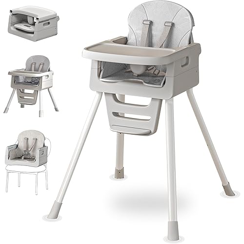 Portable 3 in 1 High Chairs for Babies and Toddlers, Convertible Baby Feeding Chair with Tray, Easy Clean Baby High Chair for Toddler with Foot Rest, Infant Highchairs & Booster Seats with Cush Grey