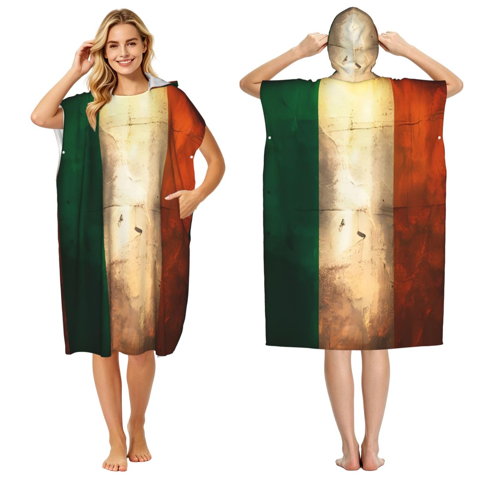 KLGRTJHK Retro Irish Flag Adult Hooded Beach Poncho Towel 43"X35"