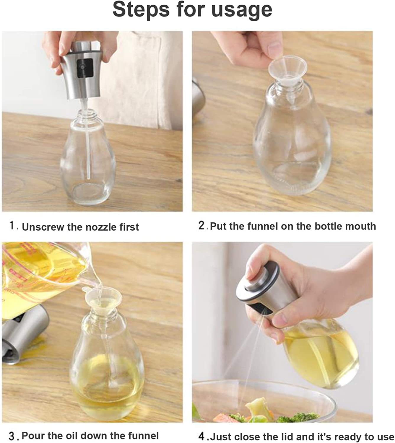 Spruzzatore di Olio d'oliva da 200 ml, spruzzatore di Olio d'oliva Portatile distributore di aceto, Bottiglia di Olio di Vetro per insalate grigliate per Cucinare e friggere.