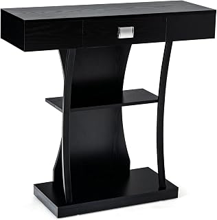 Giantex Narrow Console Table T-Shaped - Behind Couch Table with Drawer, Shelves, Dual Anti-Tipping Kits, Modern Foyer Table, Sofa Side Table for Living Room, Entryway, Hallway, Entry Table (Black)