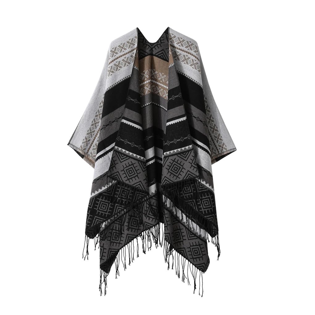 Dninmim Maglione da donna in jacquard con nappa, scialle, per autunno e inverno, double face, poncho, mantello, sciarpa cappotto