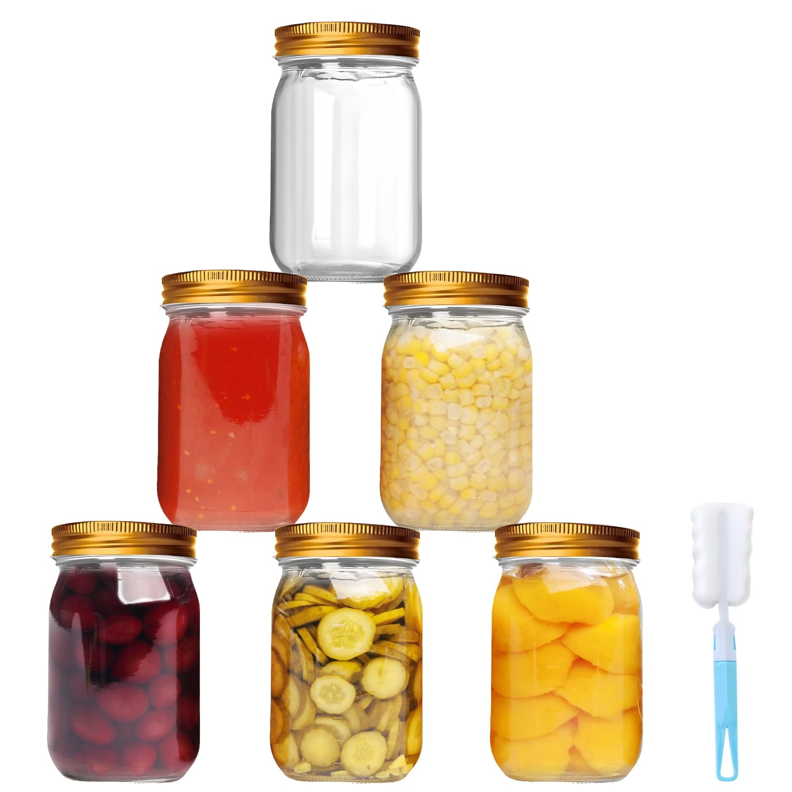 DYUEE Overnight Oats Pickling Jar 6Pack Clear Glass Mouth Mason Jars 500Ml Airtight Preserving Jars With Gold Metal Lids, for Pickling Overnight Oats Pickle Dry Food Snacks Candies Storage