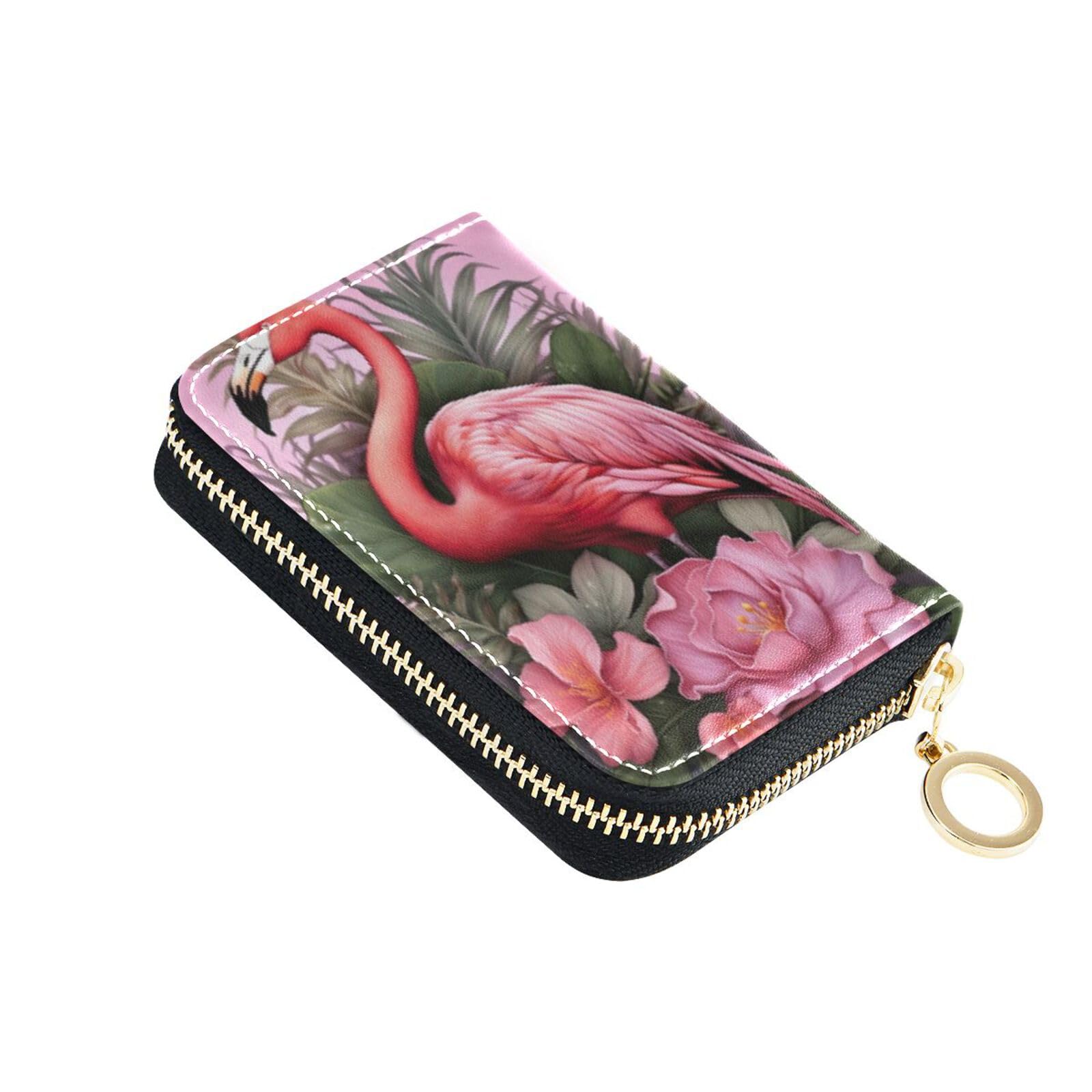 Burbuja Pink Flamingo Credit Card Holder for Women Men RFID Blocking, Leather Accordion Zipper Card Case Wallet 11 Slots