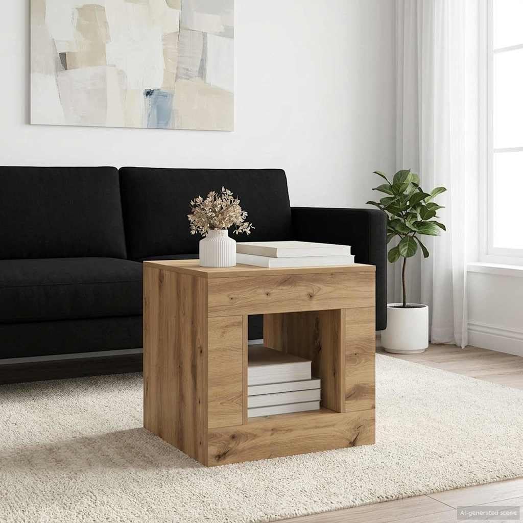 Couchtisch Artisan-Eiche 51,5 x 50 x 50 cm Wohnzimmertisch mit Stauraum und Ablagefach, kompakter Sofatisch für Wohnzimmer, Beistelltisch mit Regalboden für Deko und Ordnung