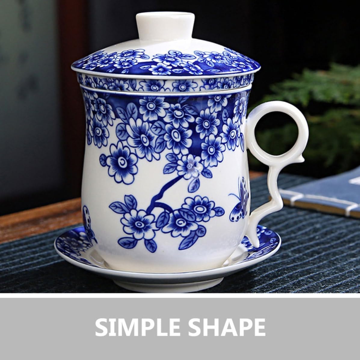 Ceramic Tea Cup Chinese Classic with Infuser and Saucer, Blue