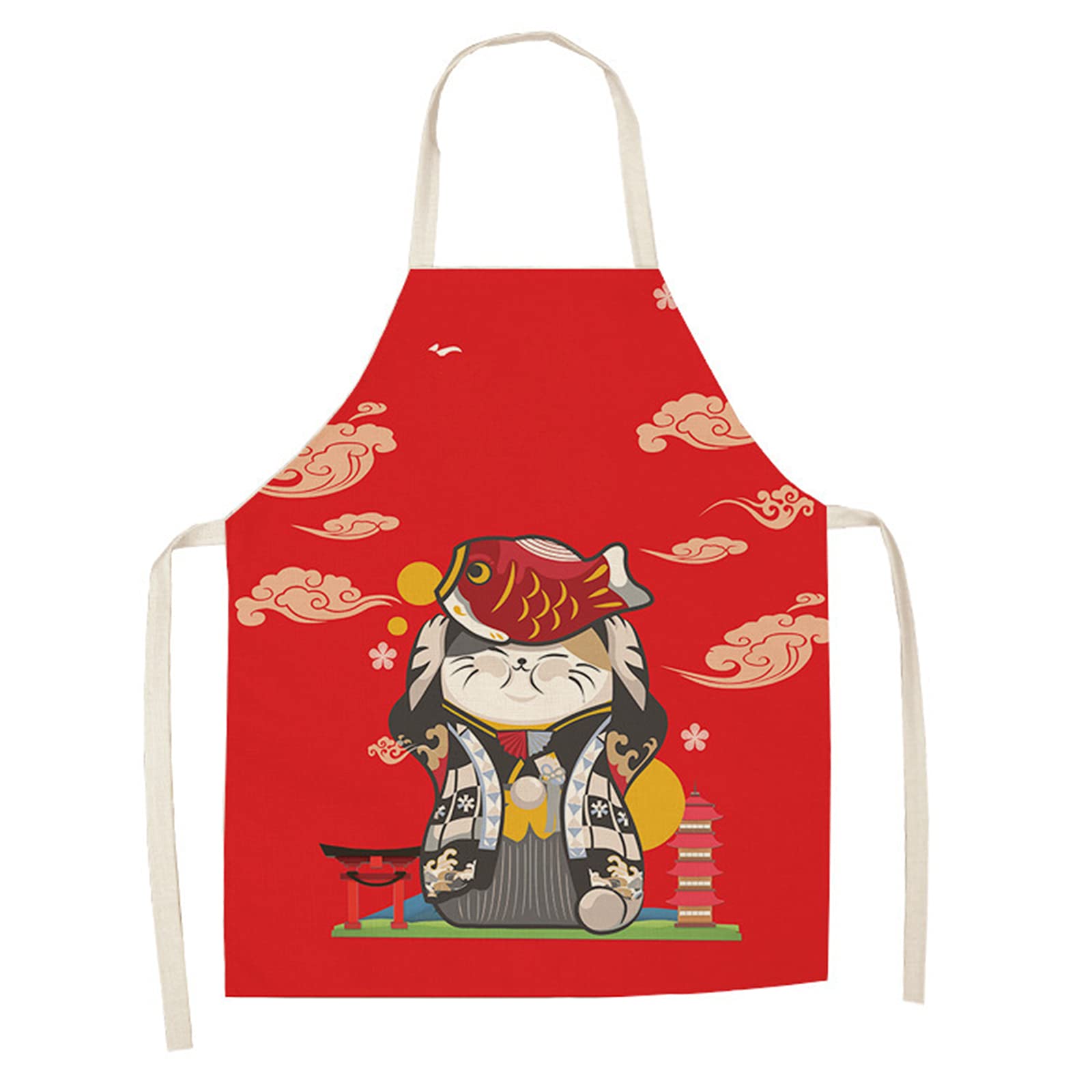 Cute Apron for Men Women Japanese Style Cartoon Lucky Cat Print Kitchen Aprons Cooking Aprons for Kitchen