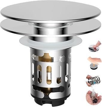 Hibbent Upgraded 3 in 1 Bathroom Sink Drain Strainer, Universal Pop Up Sink Stopper with Big Push Cap, Anti-Clogging Metal Filter Basket,Sink Plug with Hair Catcher for 1.12.36 Basin, Chrome