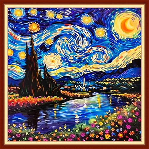 Image of Funchey Stamped Cross Stitch Kits, DIY Cross Stitch Pattern for Adults Beginners Needlepoint Kits Embroidery Kit Arts and Crafts 11CT&Van Gogh Starry Sky Flower 18x18 inchs