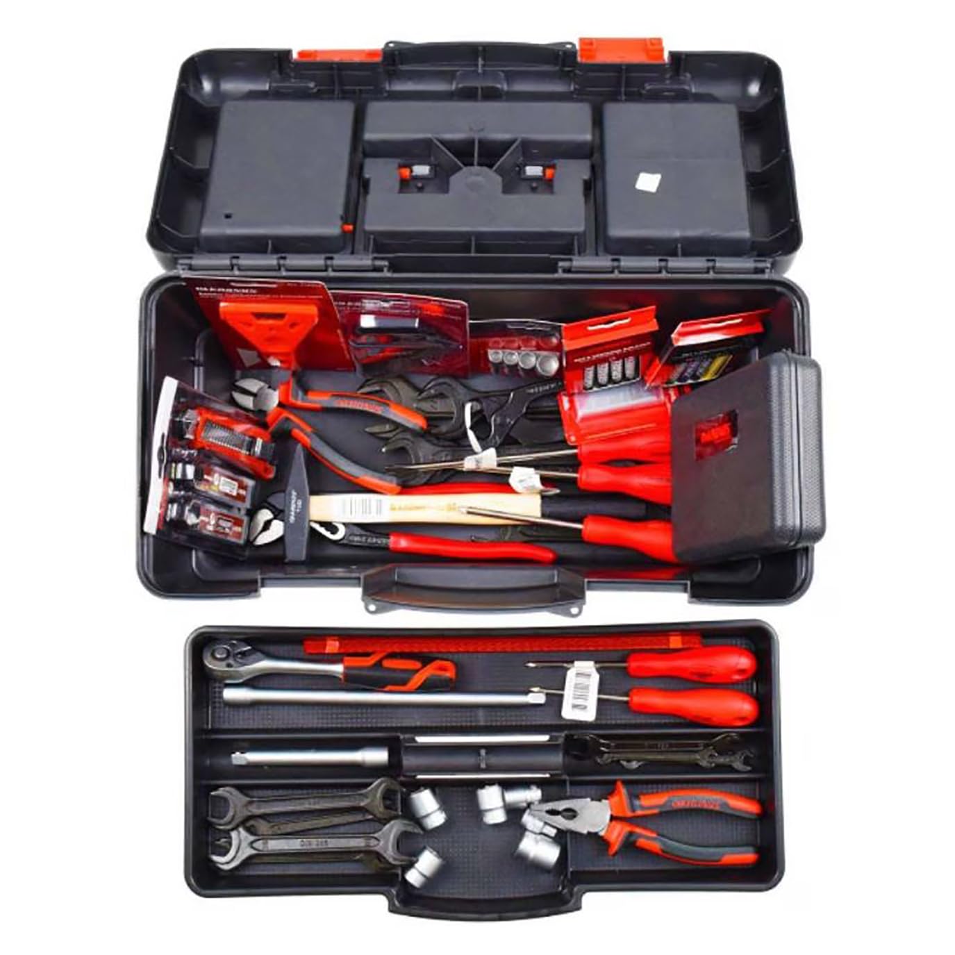 Caja de herramientas grande 55 cm 22" plástico con bandeja interior y 6 compartimentos organizadores en la tapa