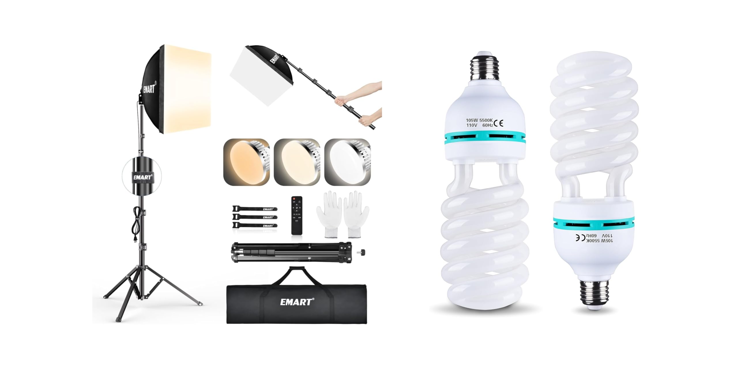 EMART Softbox Lighting Kit, 16"X16" Soft Box, 3000K-6000K 85W LED Bulbs with Remote, 2 Pack 105W Spiral CFL 5500k Daylight Studio Lights, Portrait, Video Recording