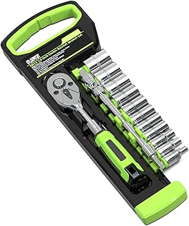 15pcs 1/4 Inch Drive Ratchet Socket Wrench Set, with Metric 4-14mm and Front and Rear Quick Released Ratchet Handle and Extension Bar Universal Joint Hand Drill Adapter, Portable Organizer