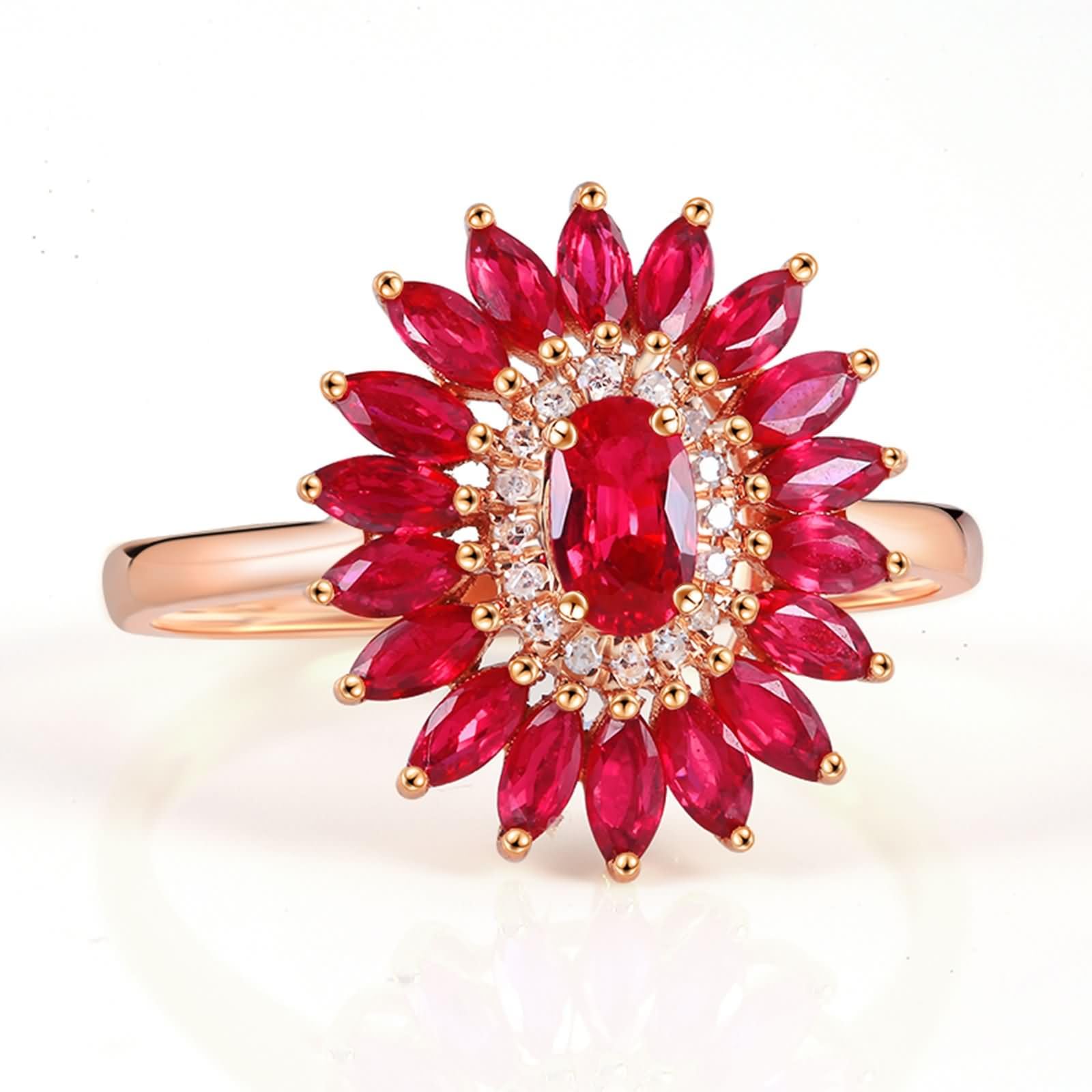 Anelli Fedi Nuziali di Oro Rosa 9K / 14K / 18K Donna, Fiore con Rubino Sintetico da 1,69ct e Moissanite, Donna Anello Fedina di Oro Rosa