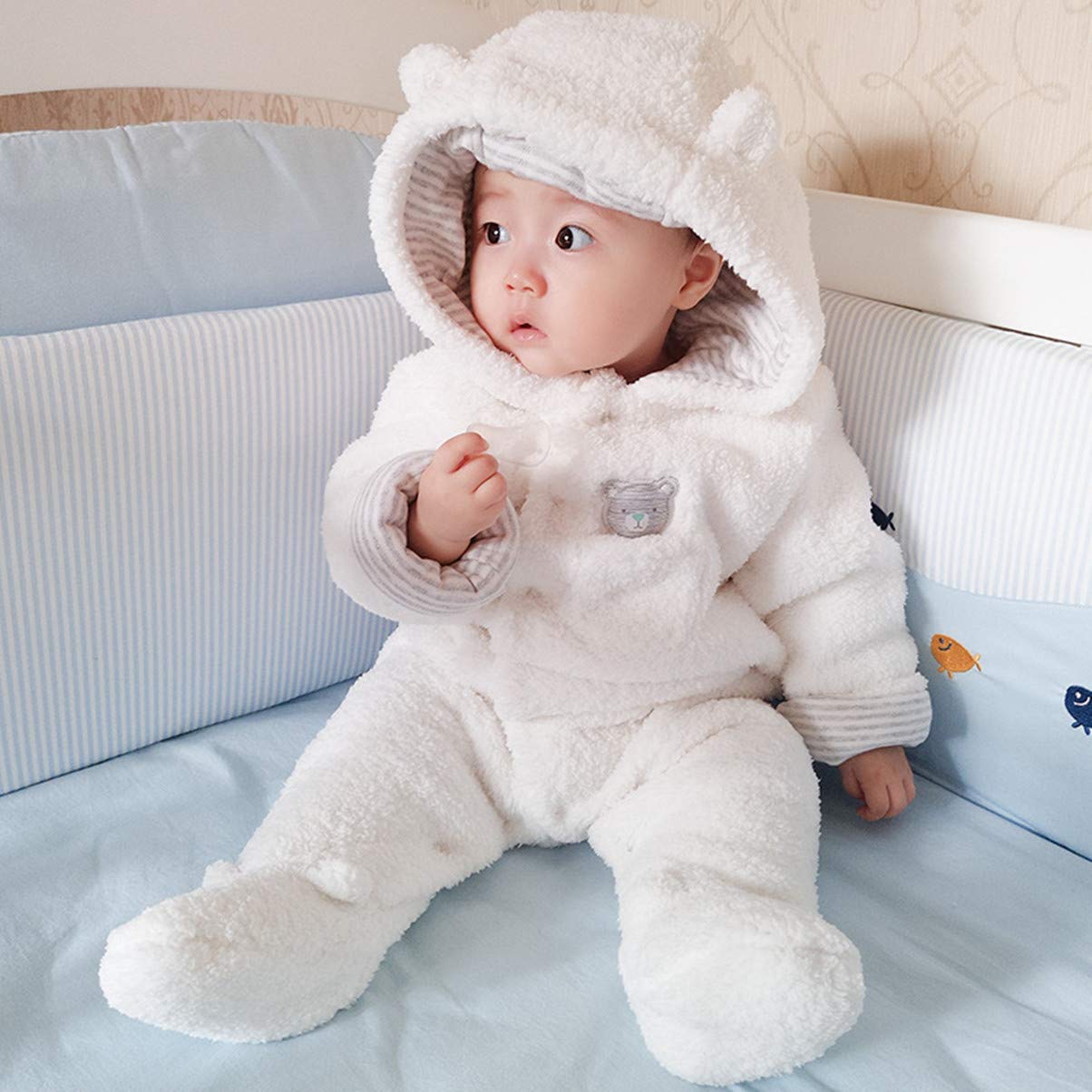 Vine Combinaison de Neige d'Hiver pour Bébé Rompers, Garçon et Fille Combinaison une Pièce avec Capuche, Ensemble de Vêtements d'Extérieur pour les Tout-Petits, Blanc 3-6 Mois