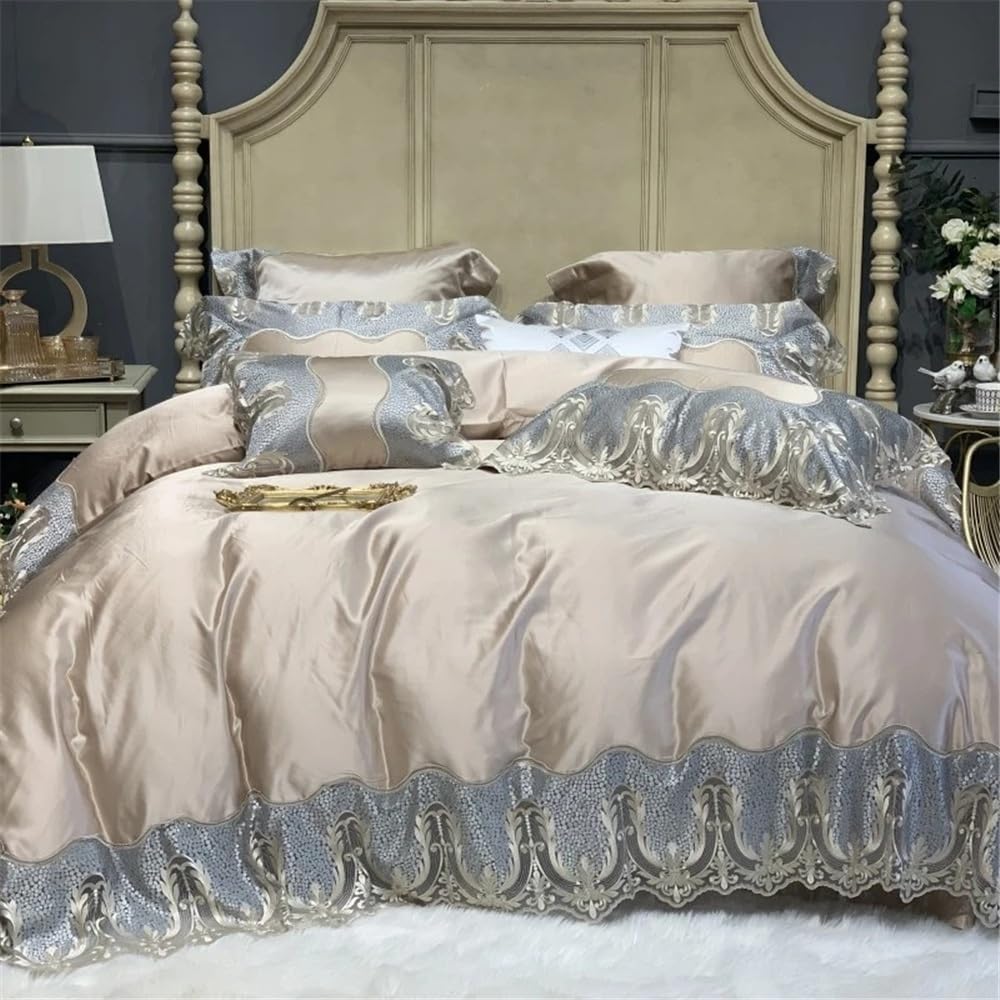Bedding Set Copripiumino di Lusso con Ricamo in Pizzo, 4 Pezzi, in Cotone Egiziano 1000TC, Set Morbido e setoso