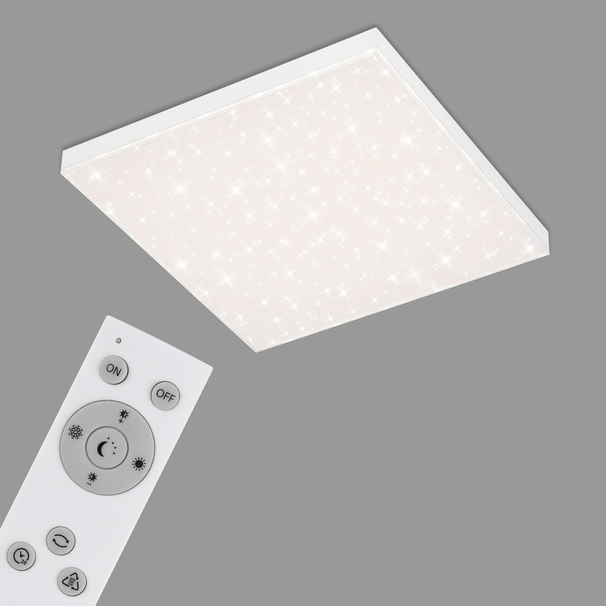 Briloner Leuchten - LED Panel, Deckenleuchte dimmbar, Deckenlampe mit Lichtkante, Sternendekor, inkl. Fernbedienung, Farbtemperatursteuerung, 24 Watt, 2.400 Lumen, Weiß, 450x450x69mm (LxBxH), 7381-116