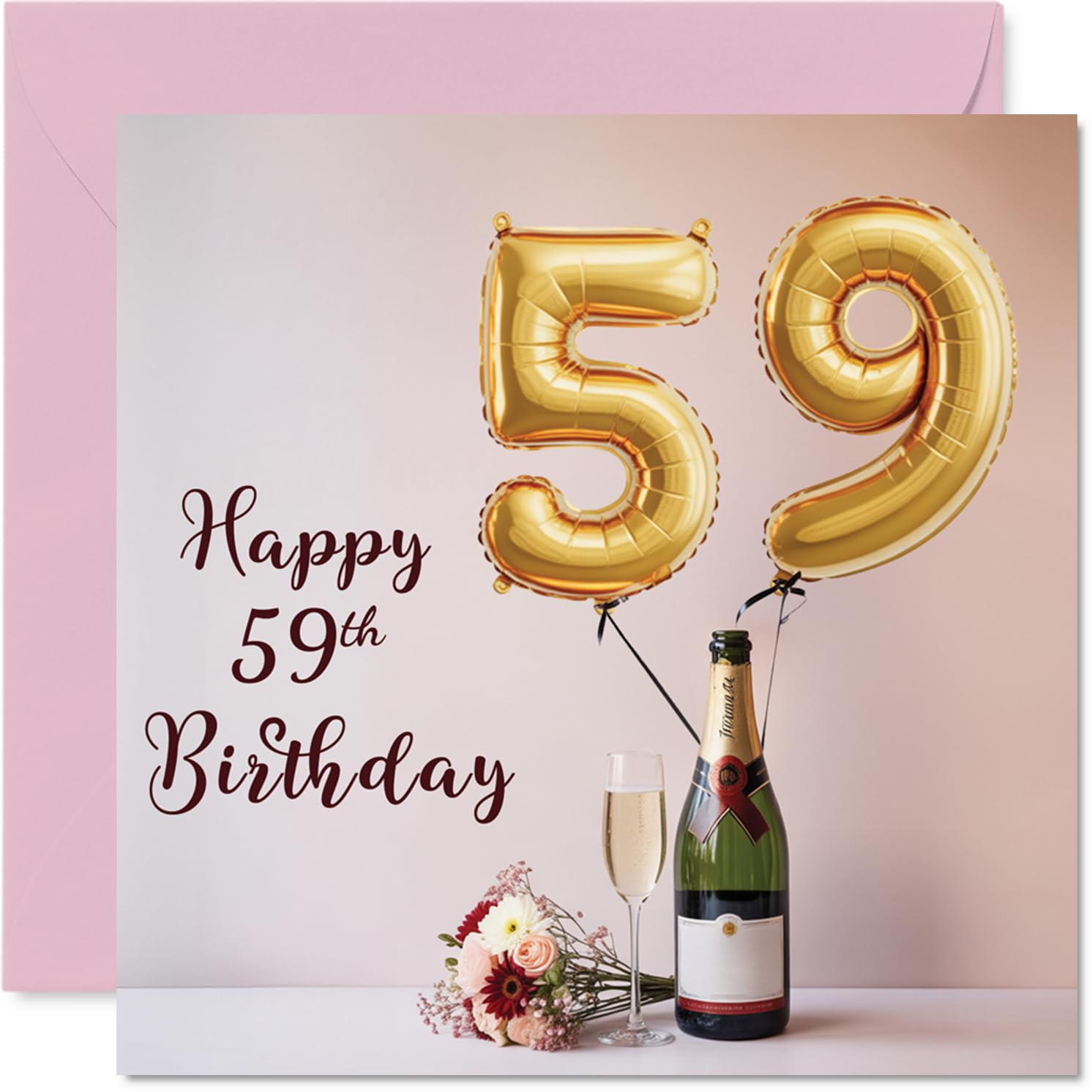 59th Birthday Cards for Women Men - Balloons & A Bottle of Bubbly - Happy Birthday Card for 59 Year Old Woman Man Uncle Sister Wife Husband, 145mm Bday Greeting Cards