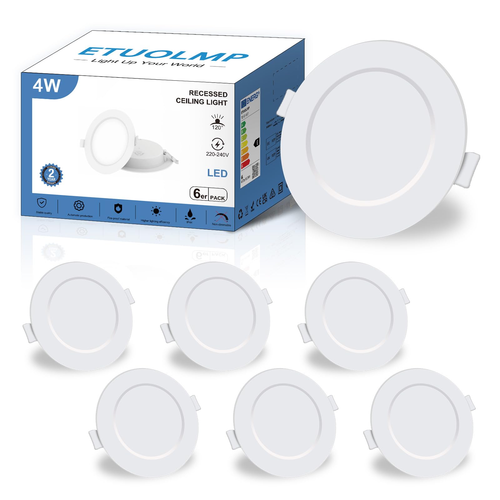 ETUOLMP Spot LED Encastrable Extra Plat 4W 380 Lumen Spot Salle De Bain IP44 Blanc Neutre 4000K Spot Encastrable LED AC220-240V Pour Salle de Bain, Cuisine, Salon, Lot de 6