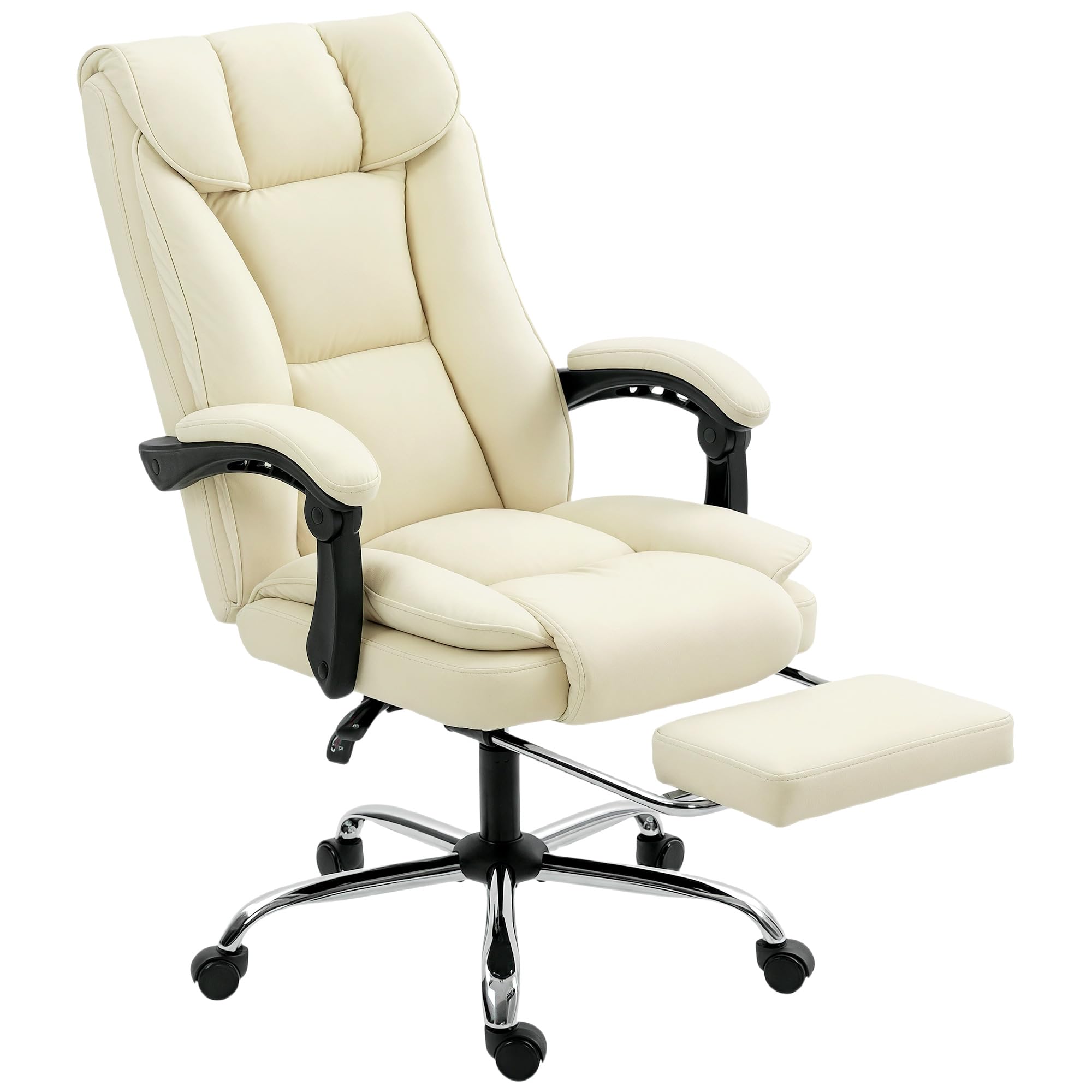 HOMCOM Executive Office Chair with Footrest, Pet-Friendly Leather Ergonomic Computer Desk Chair with Double-Layer Padding, Upholstered Swivel Recliner, Beige