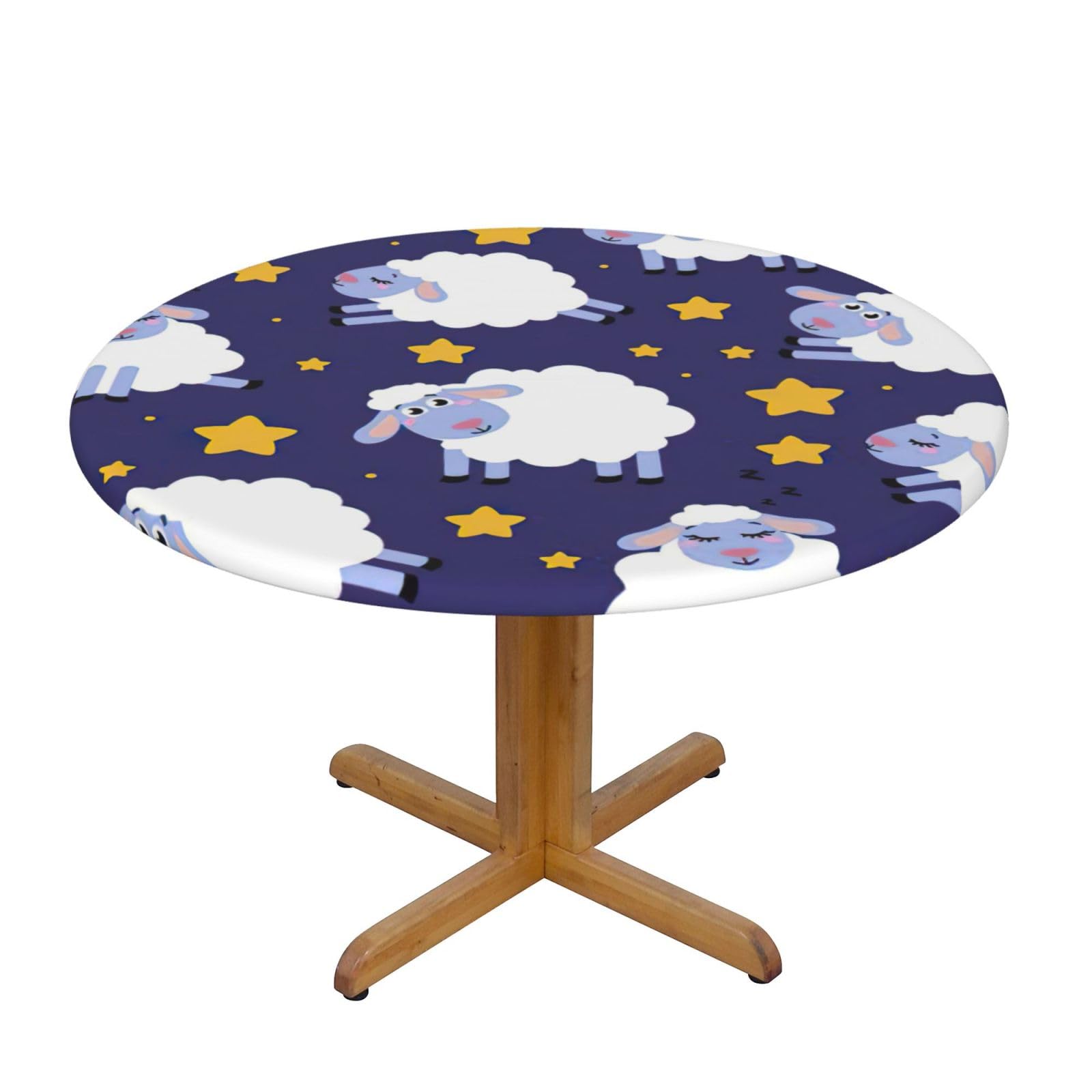 DUWAA Sheep Print Oxford Fitted Table Cover For Patio Picnic, Waterproof Round Tablecloth For Home And Outdoor