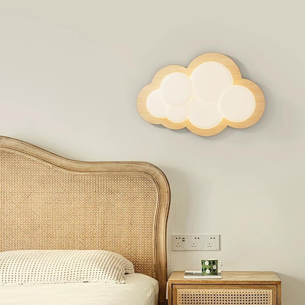 AoLa Lampa Ścienna LED Clouds do Pokoju Dziecięcego Ściemnialna Ścienna Drewniana Nocna 12 W 3 Temperatury Barwowe Lampa Lampka do czytania do Pokoju Dziecięcego Lampki Nocne z Kreskówkową,Walnuss