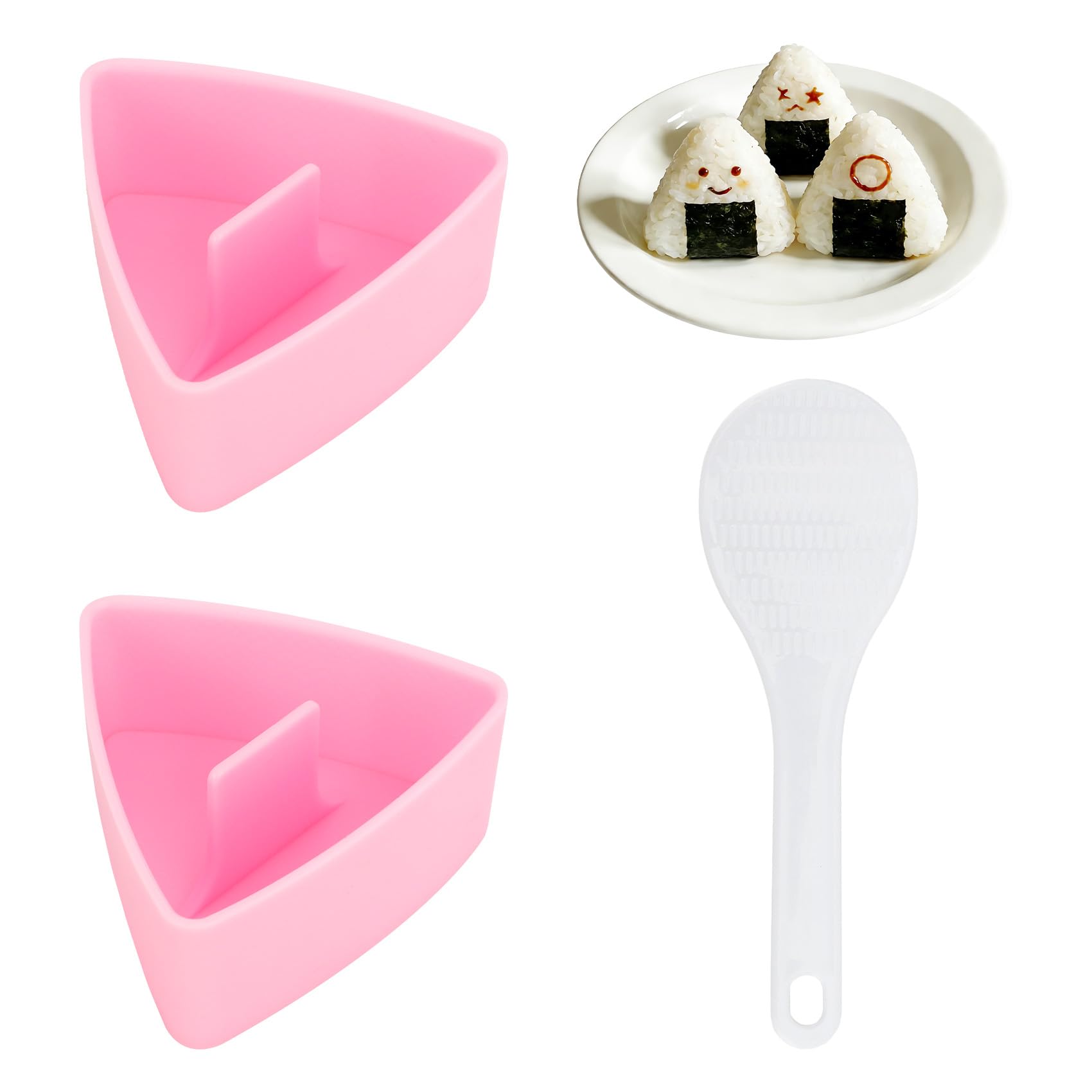 2 Pcs Onigiri Mould,Triangle Rice Ball Mold,Triangle Sushi Mold with Rice Spoon,Kitchen Sushi Making Mould,for Bento Lunch Family DIY(Pink)