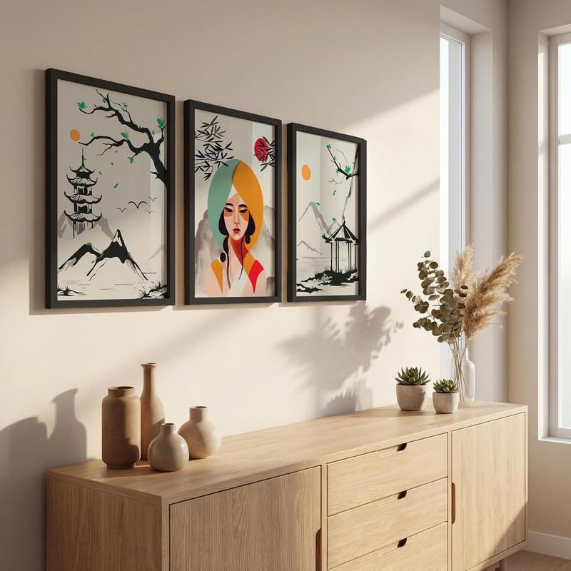 Image of NoWorries Japanese wall art painting with frame for home decoration /Wall decor paintings for living room, Framed poster set for bedroom (Japanese pattern) (13x19 inches)