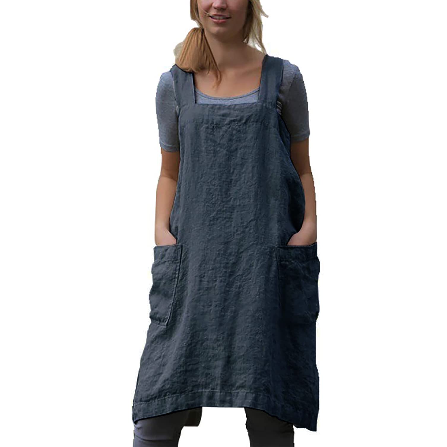 YESDOO Cotton Linen Apron Cross Back Apron for Women with Pockets Pinafore Dress for Baking Cooking