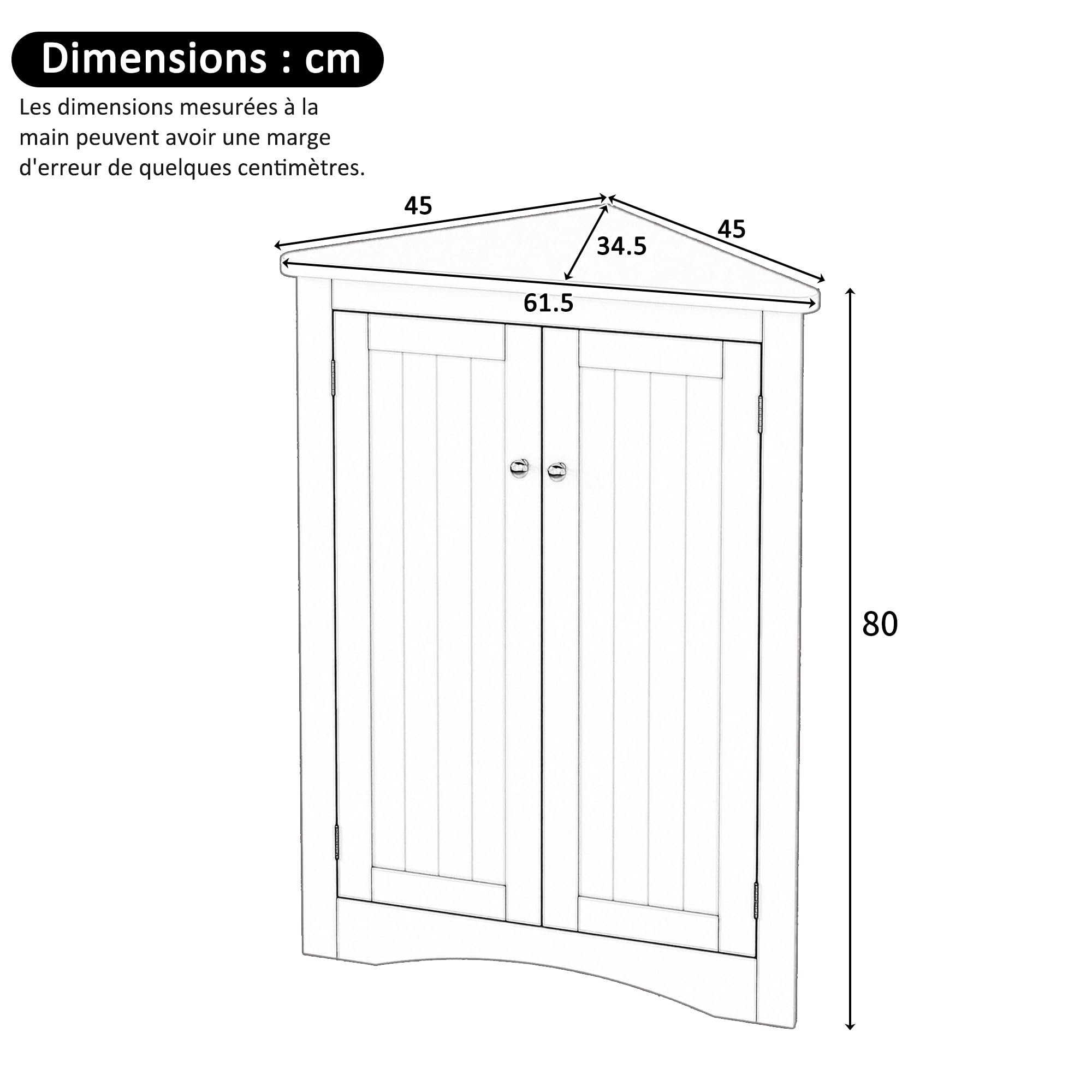 Armadio angolare grigio autoportante, 2 ante, triangolare, 3 ripiani, pannello in MDF, superficie verniciata, salvaspazio, bagno, cucina, soggiorno, 61,5 x 80 cm