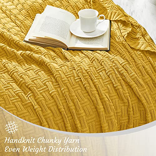 Image of TREELY 100% Cotton Knitted Throw Blanket 50 x 60 Inches, Gold Yellow