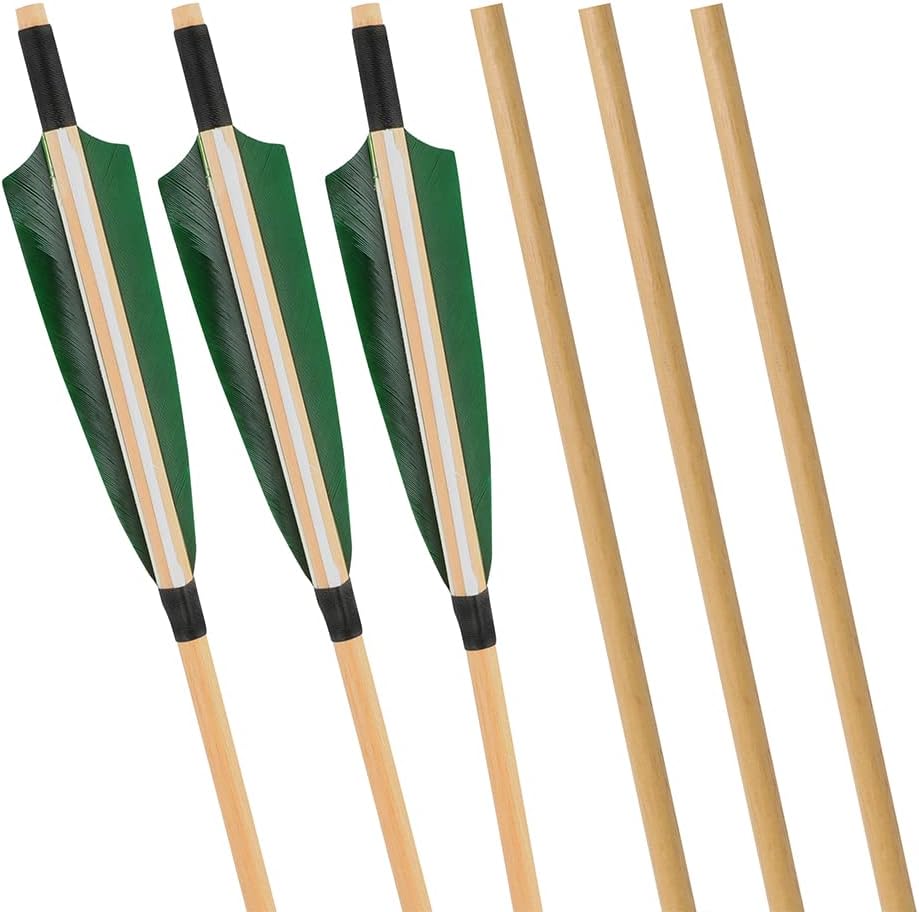 ZSHJGJR 31" Archery Traditional Wooden Arrows Hunting Arrows Target Practice Arrows Wood Arrow Shaft with 5" Turkey Feather for Longbow Recurve Traditional Bow 6/12pcs