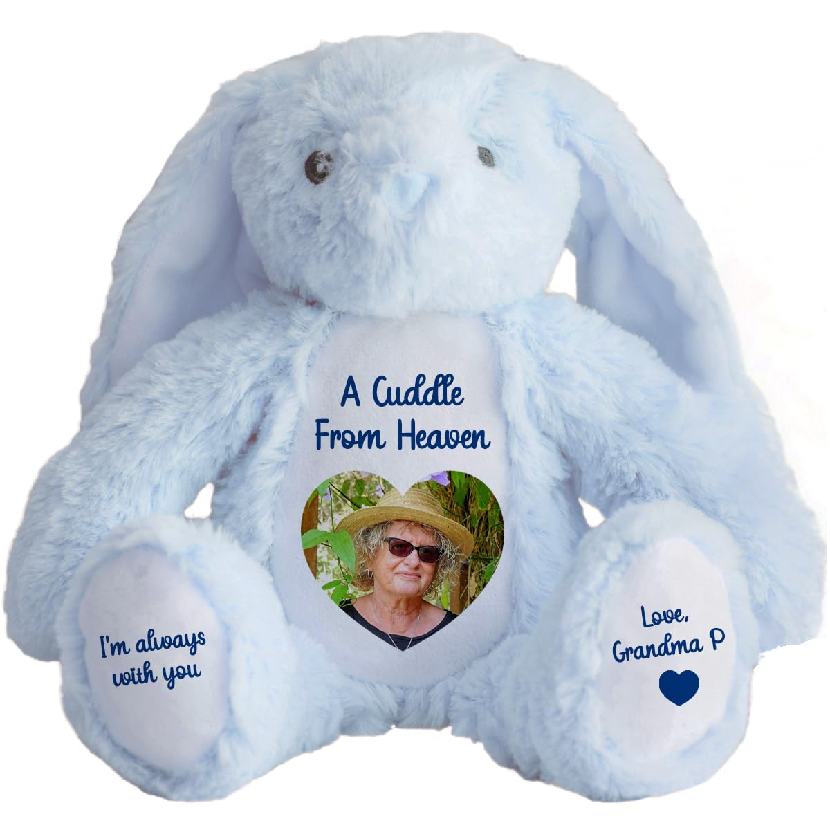 Personalised Memory Teddy Bear with Heart-Shaped Photo – “A Cuddle From Heaven” Keepsake Gift – 28 Bear Styles – Add Your Text & Choose Colour – Custom Memorial Bear (Blue Bunny)