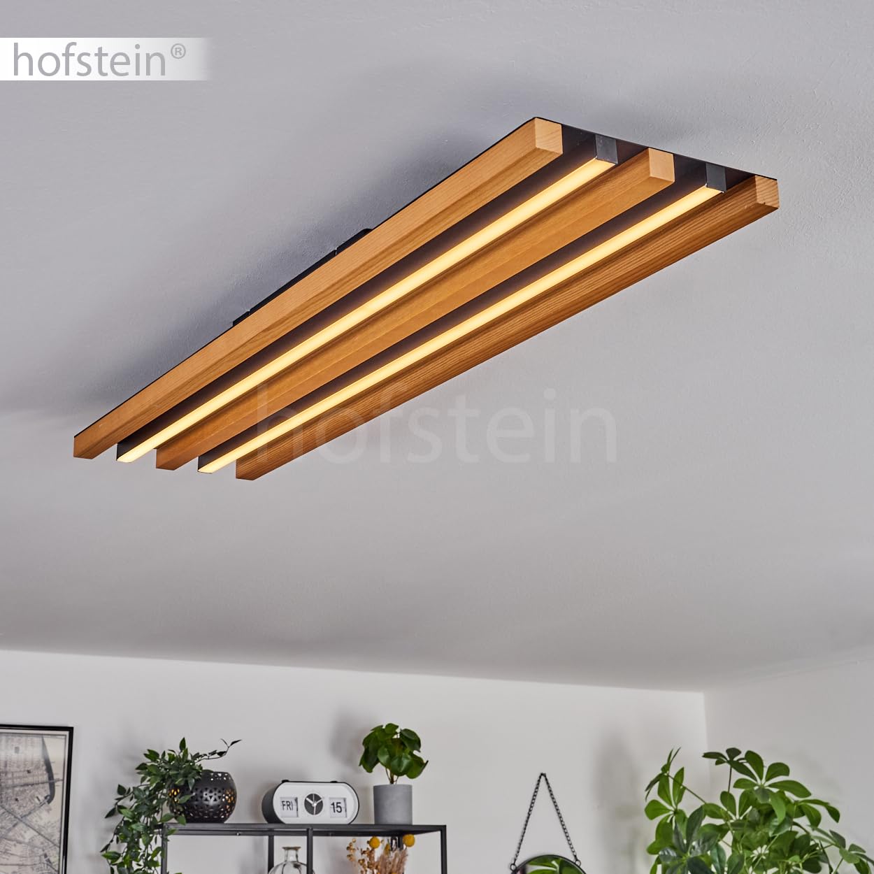 LED Deckenleuchte Favorina, dimmbare Deckenlampe aus Metall/Holz/Kunststoff in Schwarz/Natur/Weiß, 30 Watt, 3400 Lumen, 3000 Kelvin, Länge 81 cm, dimmbar über Lichtschalter
