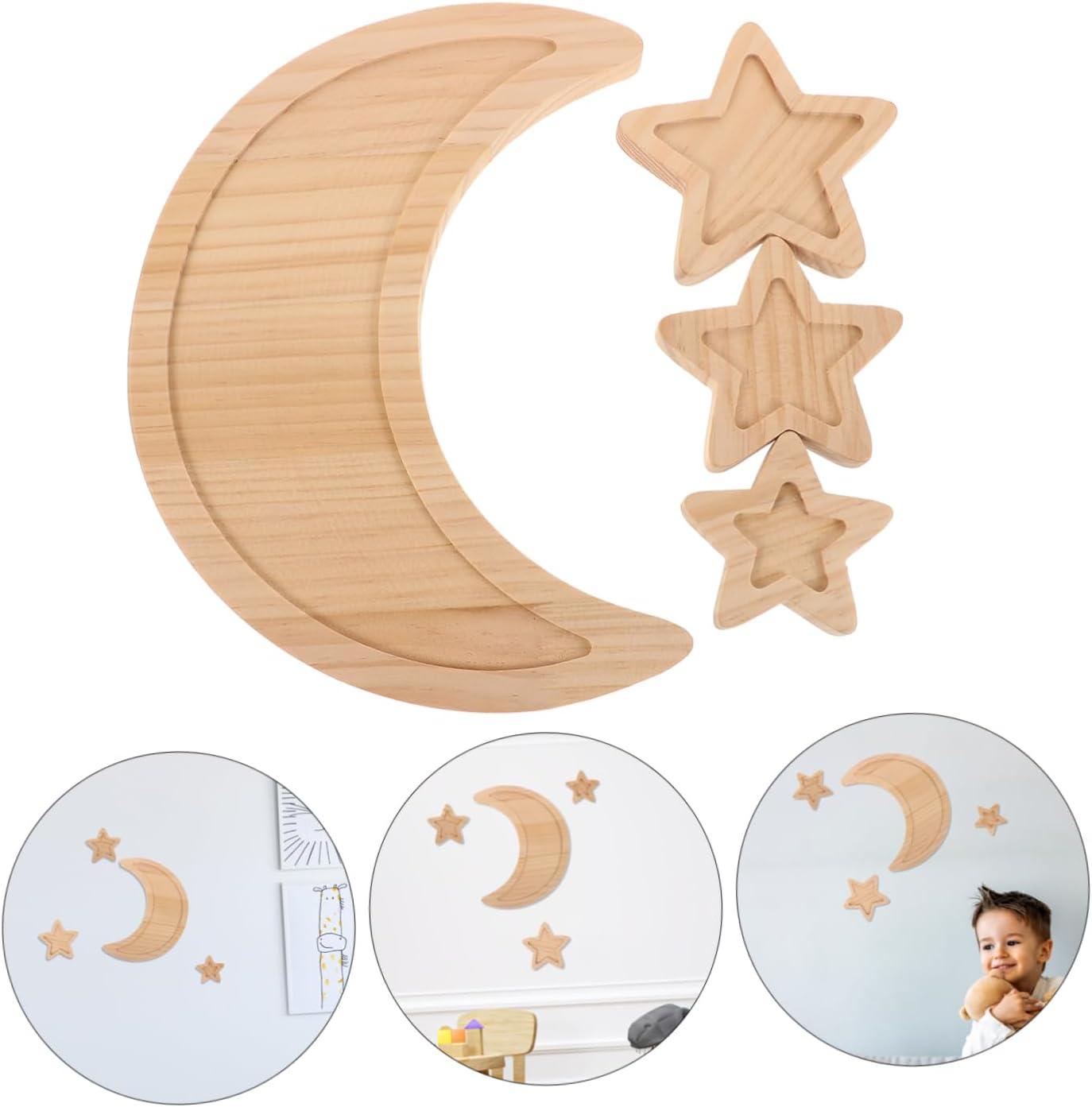 4pcs Moon Star Wooden Wall Decor for Nursery Cute Room Art Hangings Lightweight and Easy to Install for Boys and Girls Bedrooms and Playrooms