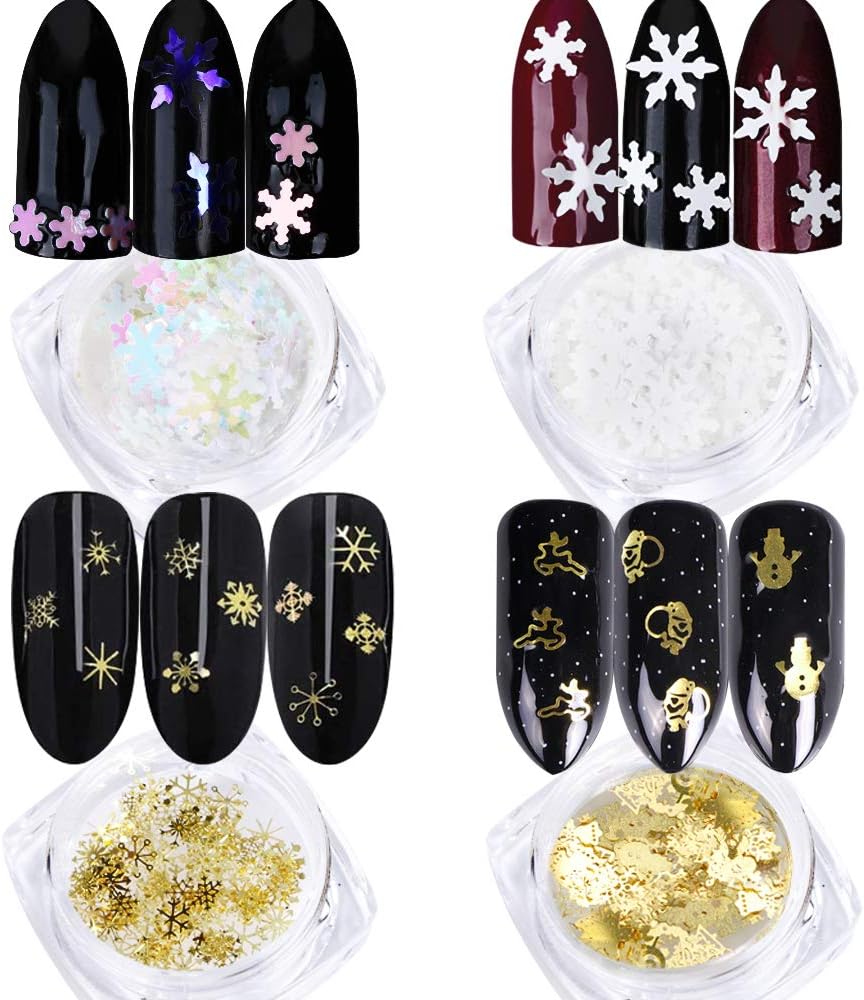 VINFUTUR 4 Boxes Christmas Nail Snowflakes Christmas Nail Art Stickers Glitter Mixed Snowflake Flakes DIY Christmas Nail Art Decoration for Christmas Winter Festival