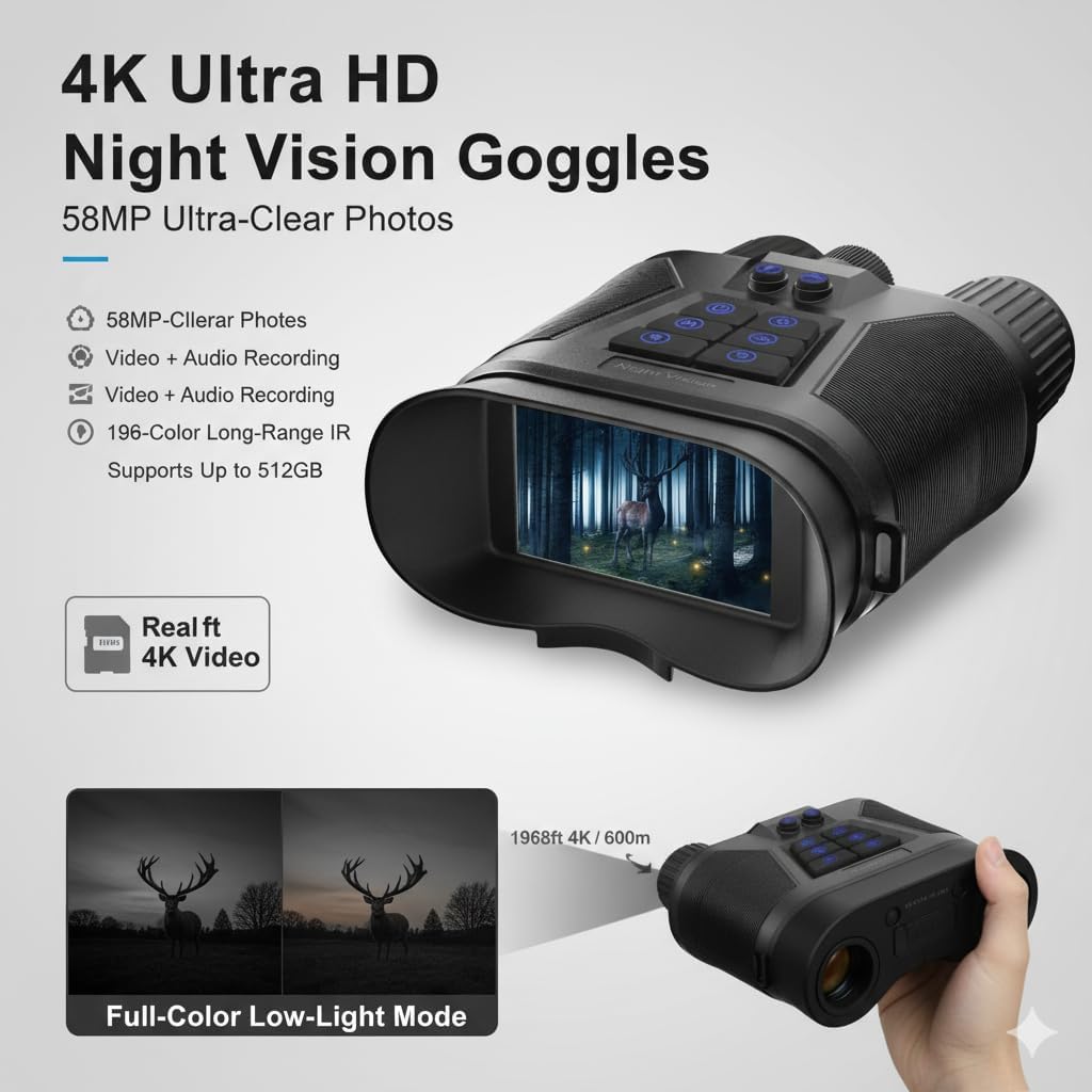 4K Digital Night Vision Goggles for Adults - Rechargeable Infrared Binoculars with 3'' Large Screen - 32GB Card Included, 3500mAh Battery, Audio Recording - 8X Zoom for Hunting, Camping & Security