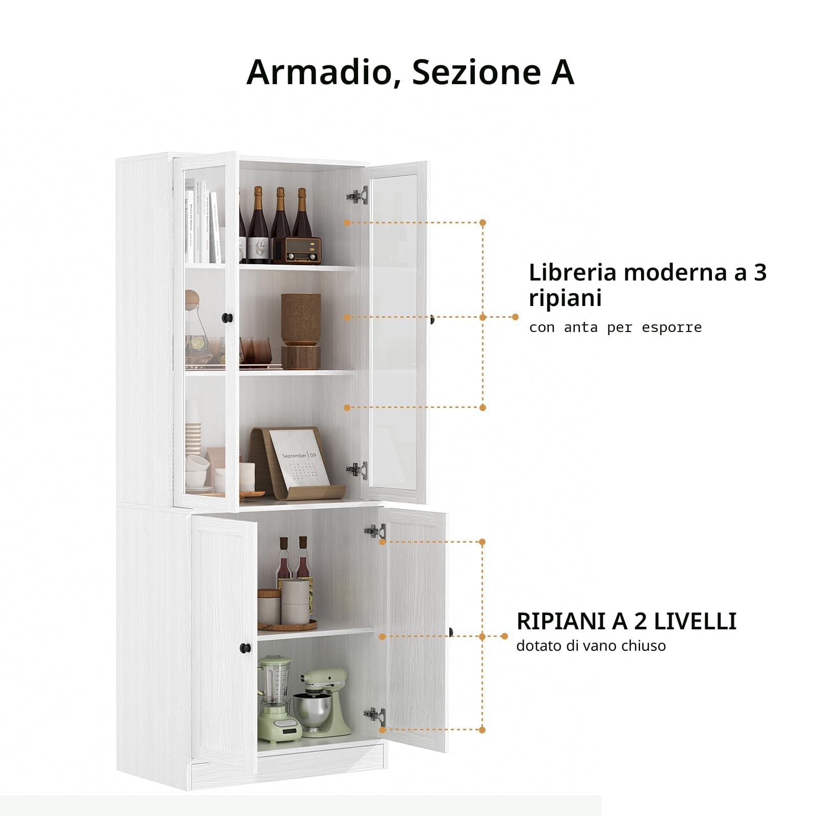VOWNER Libreria con Ante in Vetro, 180cm Libreria Espositiva Alta, Mobile Vetrina Soggiorno con Cassetti, Armadietto con Vetrina Armadietto Laterale per Soggiorno, ABA (Bianco)