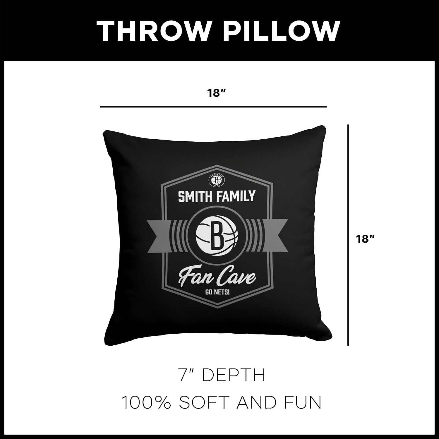 NORTHWEST NBA Brooklyn Nets, Dominion, Personalized Throw Pillow, 18 x 18 Inches