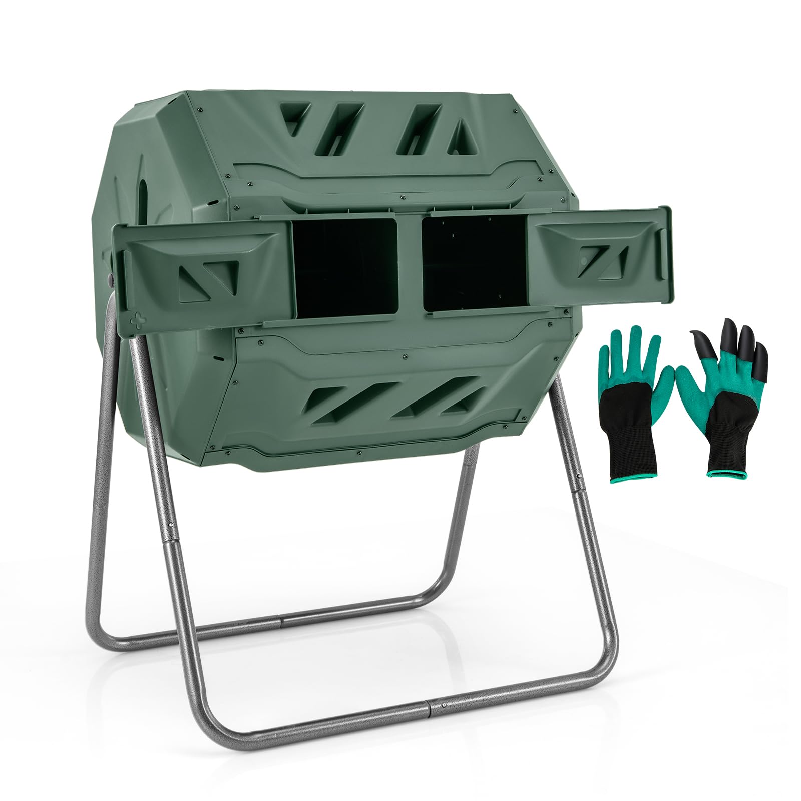 GOPLUS Compostador de tambor de 160 L, con 2 cámaras, 2 puertas correderas, marco de metal y 16 rejillas de ventilación, sin BPA, compostador de jardín para residuos orgánicos y de jardín, incluye
