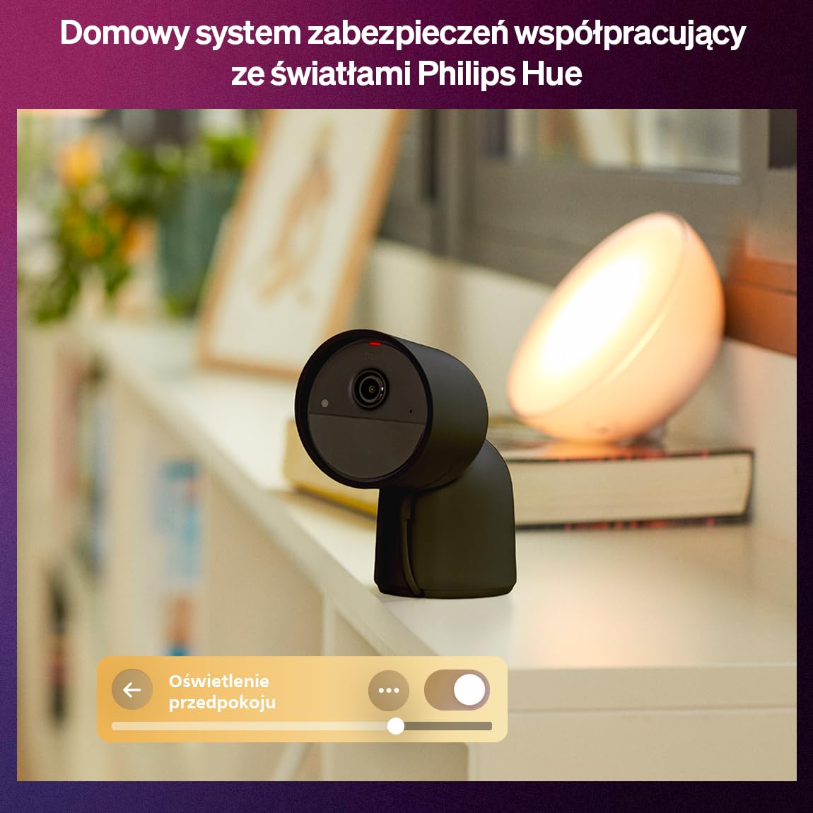 Kamera biurkowa Philips Hue Secure, rozdzielczość 2K, powiadomienia o ruchu, dwukierunkowe połączenie audio, płynna integracja z oświetleniem Philips Hue, w zestawie z podstawką, czarna