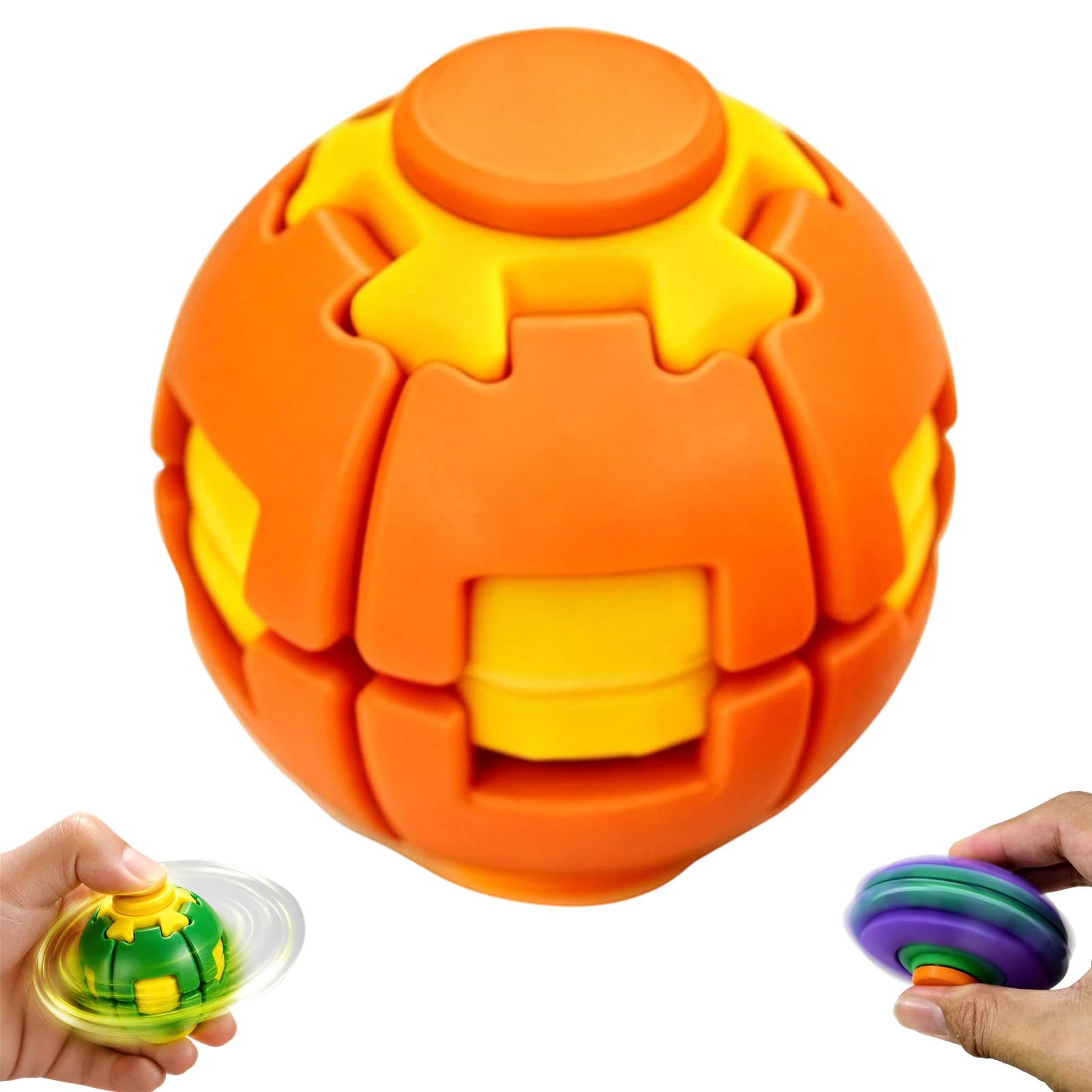 Press To Spin Fidget Stress Ball, 2 in 1 Press & Auto Rotate The Pressure Relief Ball, Dual Form Freely Switchable, Pocket Portable Fidget Spinners for Adults Office Anxiety Relief (Orange)