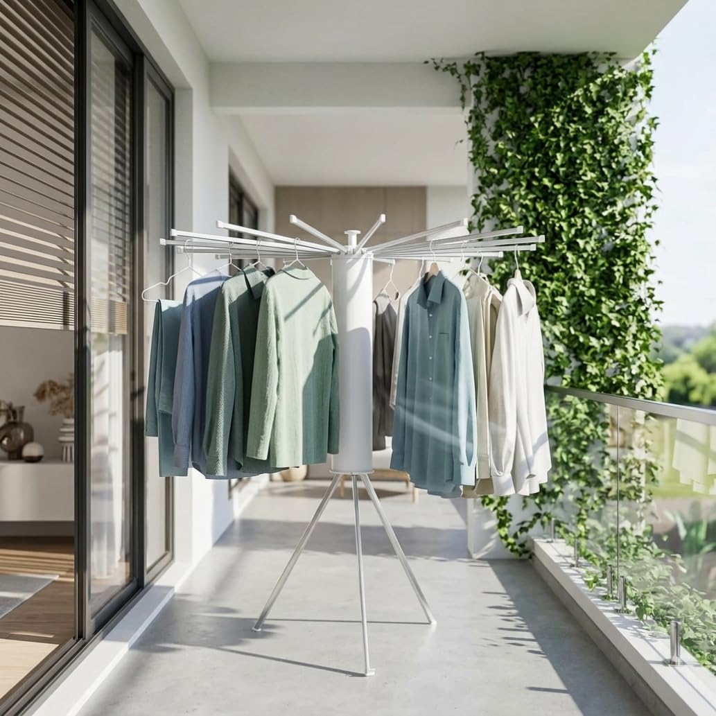 Étendoir à Linge Pliable 360° Pivotant – Séchoir à Linge Intérieur Extérieur Gain de Place avec 16 Bras en Acier Carbone, Étendoir Vertical Extensible pour Balcon, Camping, Buanderie