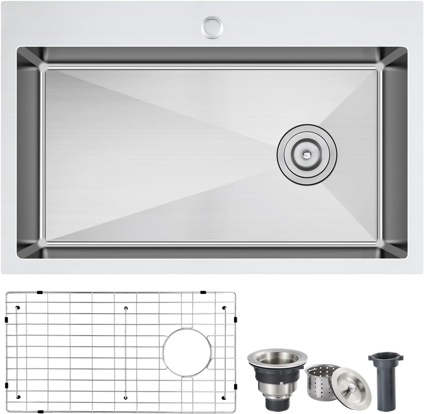 ROVOGO 22x18x9 in. Drop-in Kitchen Sink Single Bowl with 1 Faucet Hole, 304 Stainless Steel Handmade Modern Sink Top Mount with Bottom Grid and Offset Drain, Brushed