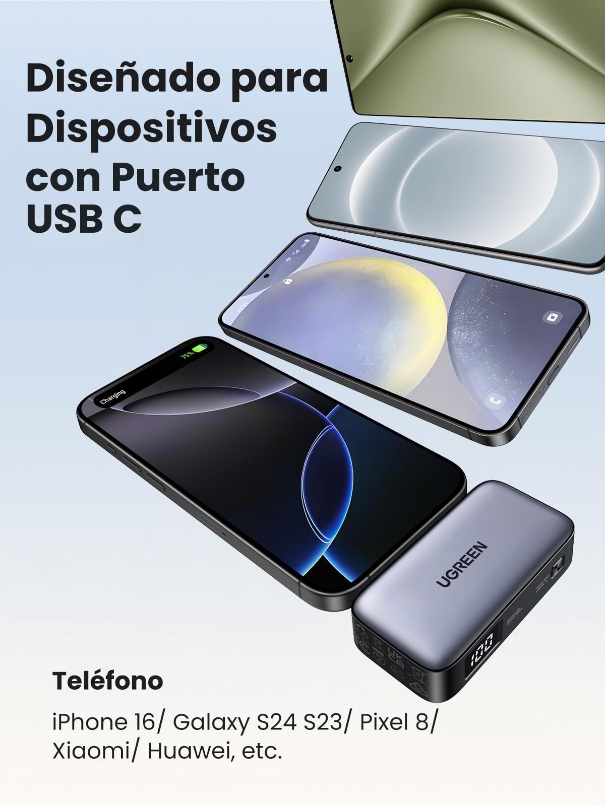 UGREEN Power Bank - Batería externa de 5000 mAh - Connettore USB-C - Con supporto - Nero