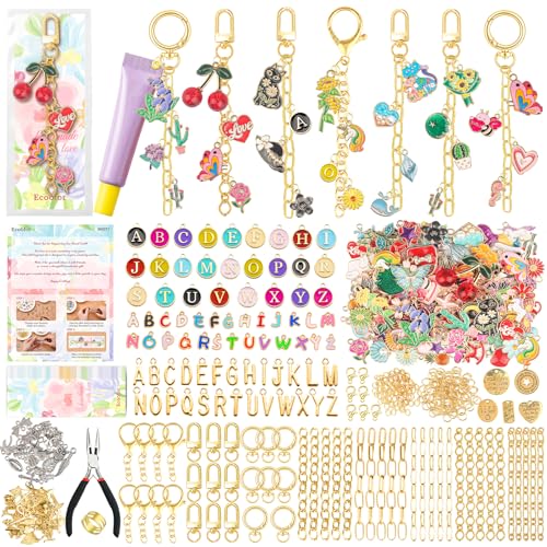 Ecoofor 613 PCS Charms Lip Gloss Keychain Making Kit, Bag Charm Kit with 178 Charms, 25 Keychain Clips & Extender Chains, Jewelry Pliers, Gift Bags & DIY Keychain Craft Supplies